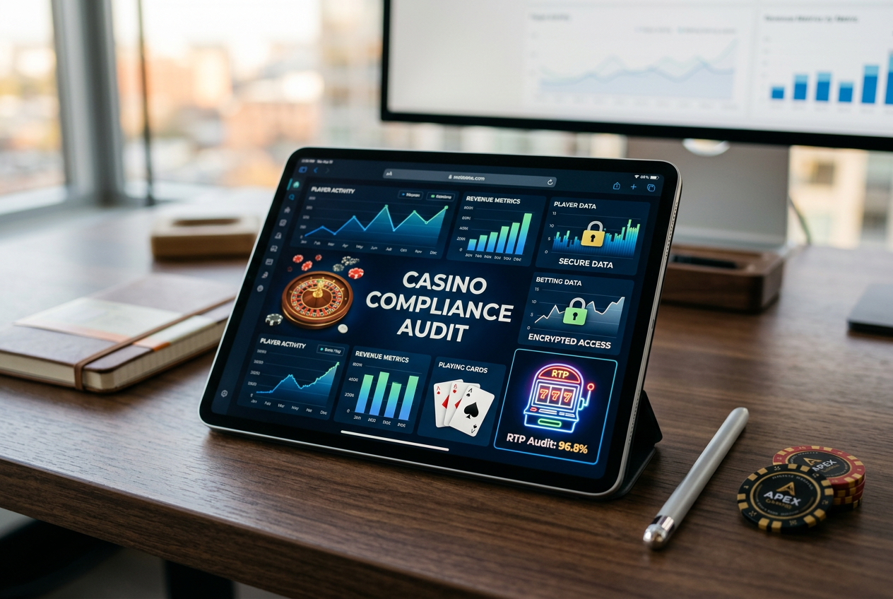 A professional reviewing casino data on a digital tablet with analytical charts.