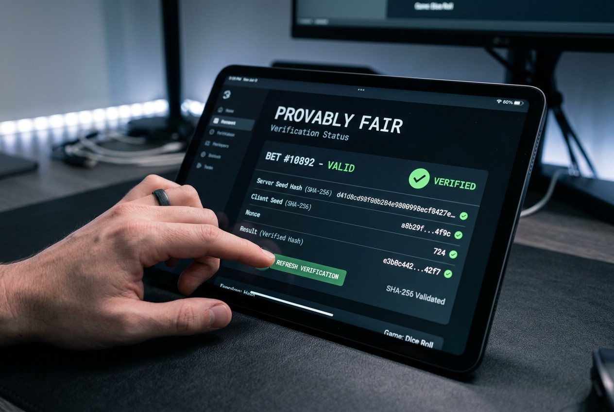 A digital tablet showing cryptographic verification for fair play.