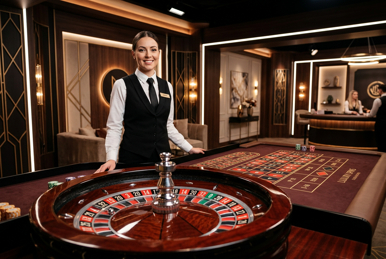 High-end live casino studio with a professional dealer at a roulette table.