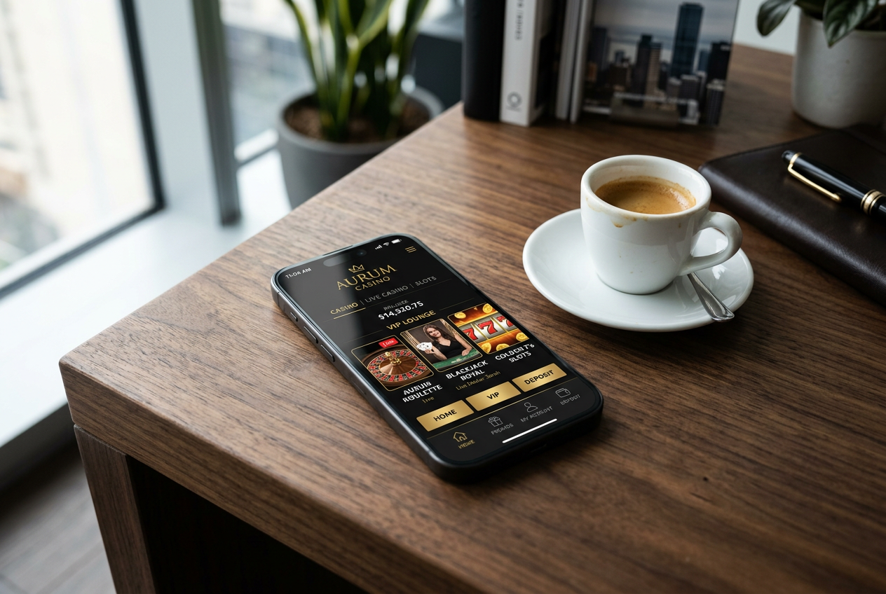 Smartphone on a desk displaying a luxury casino application interface.