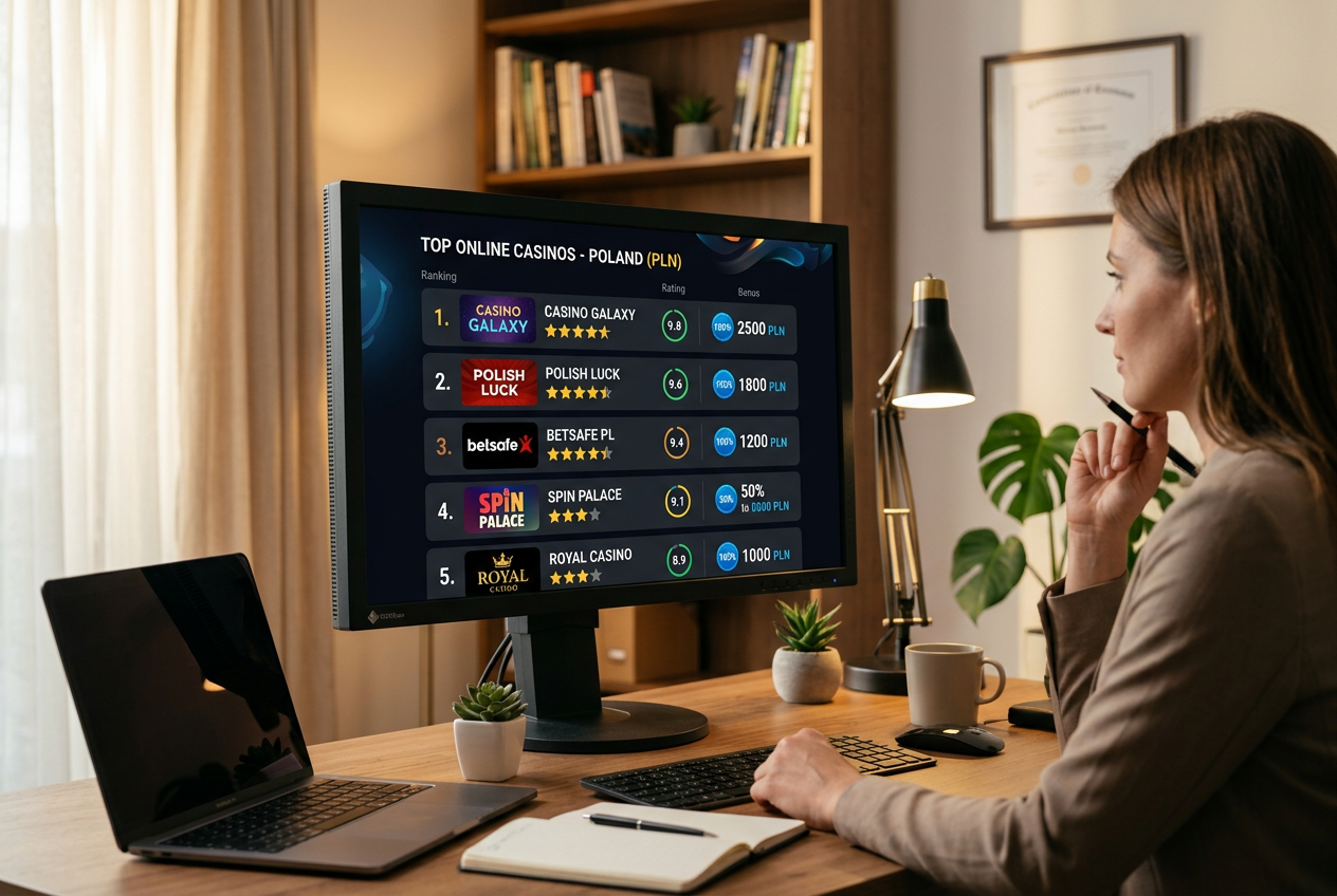 High-end digital interface showing top online casinos with PLN currency.